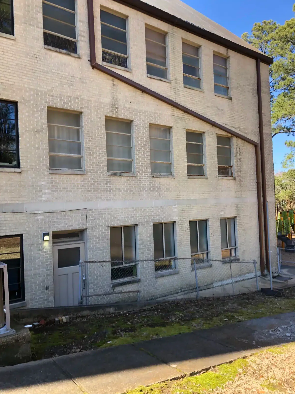 Brick church building with old windows